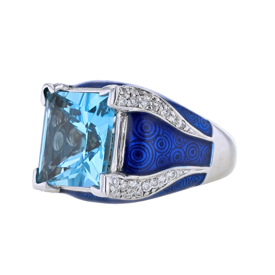 Blue Topaz Diamond Blue Enamel Ring, 12.06ct.