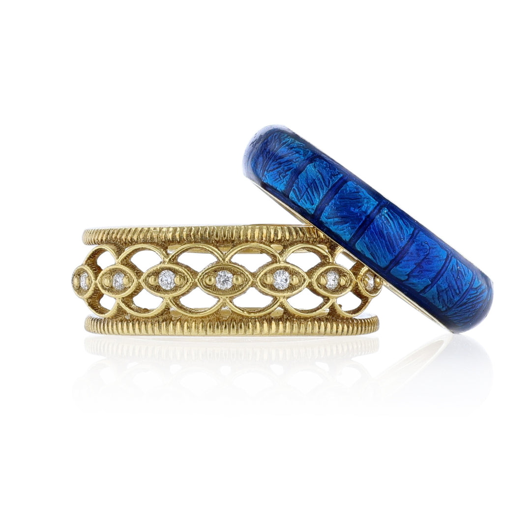 18K Yellow Diamond Ring Set, Blue Enamel