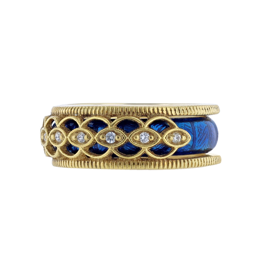 18K Yellow Diamond Ring Set, Blue Enamel