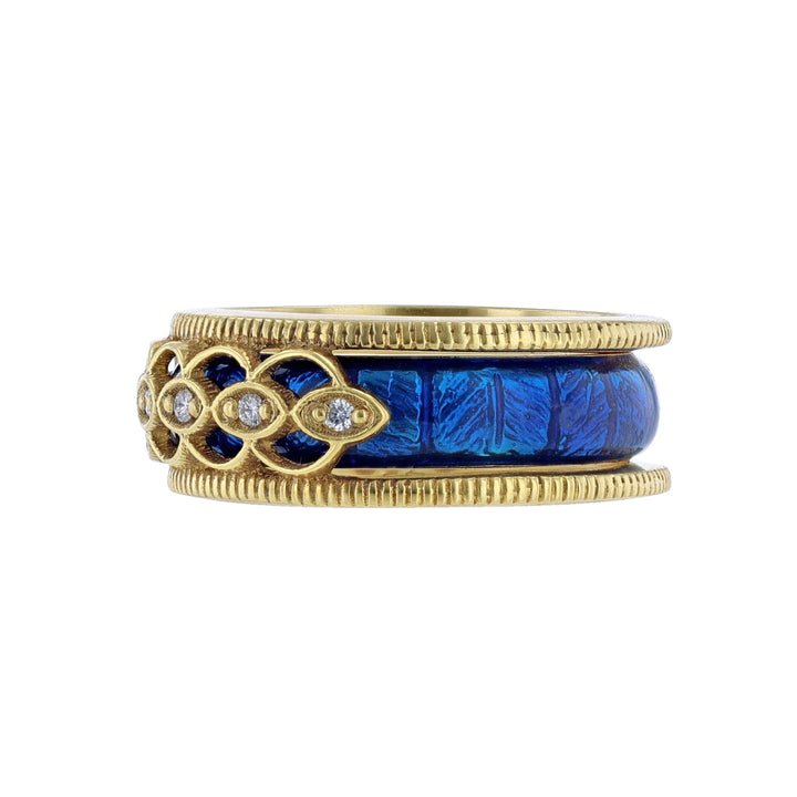 18K Yellow Diamond Ring Set, Blue Enamel