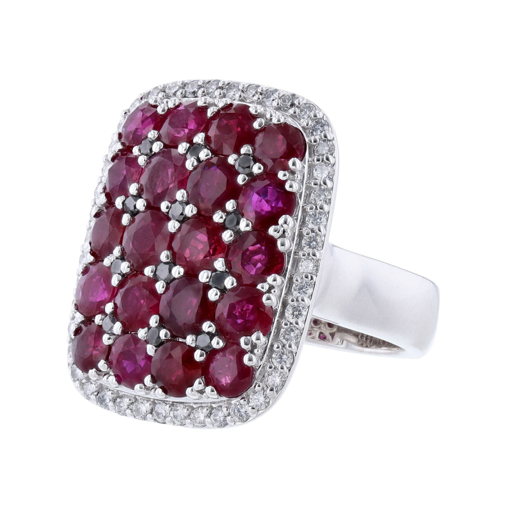 14K White Gold Ruby Black Diamond Shield Ring