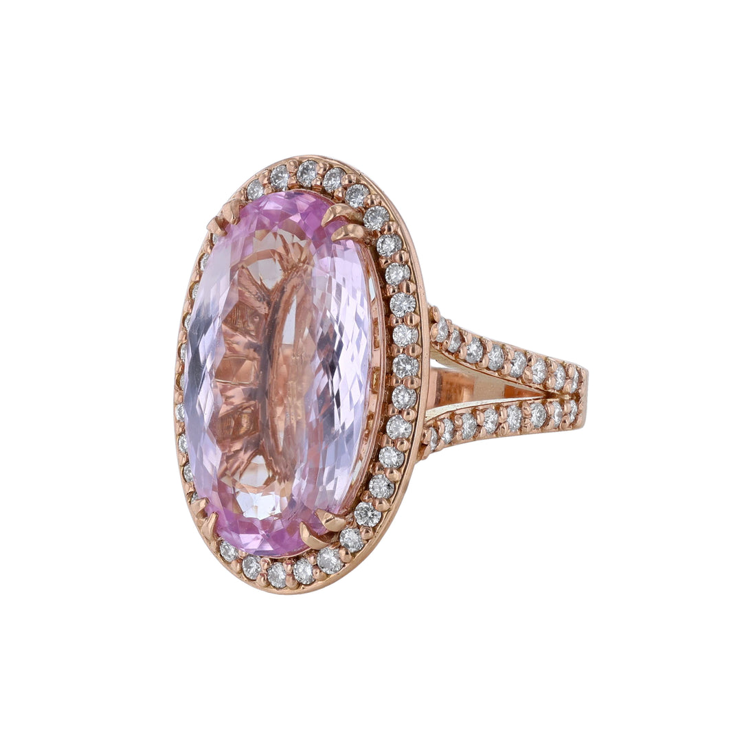 Oval Kunzite Diamond Halo Split Shank Ring