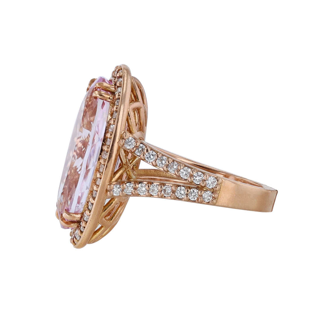 Oval Kunzite Diamond Halo Split Shank Ring