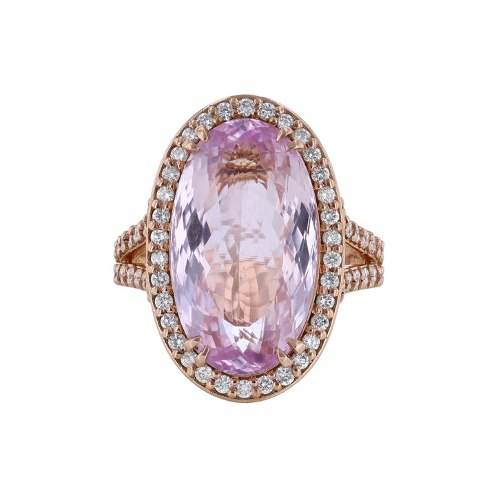 Oval Kunzite Diamond Halo Split Shank Ring