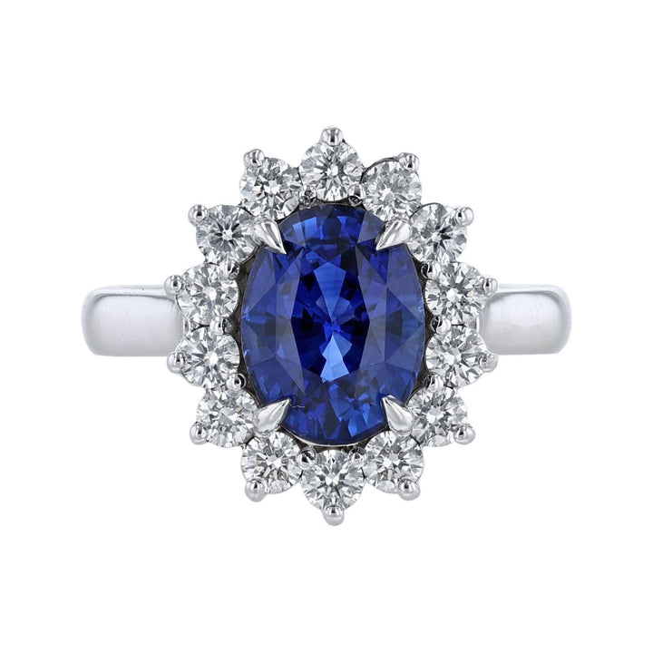 Blue Sapphire Diamond Halo Ring, GIA Certified