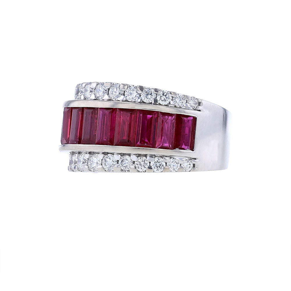 14K White Gold Baguette Ruby Diamond Ring