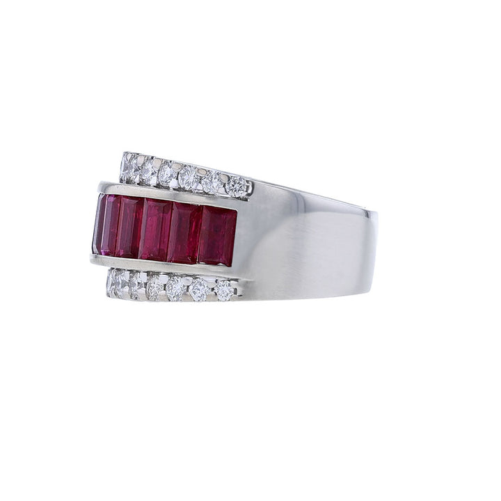 14K White Gold Baguette Ruby Diamond Ring