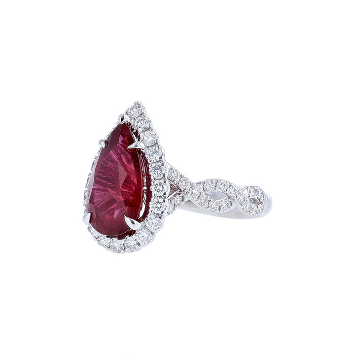 18K White Gold Certified Pear Ruby Diamond Ring