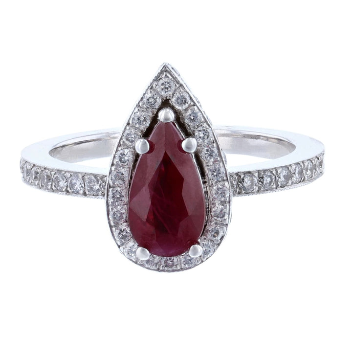 14K White Gold Pear Ruby Diamond Ring
