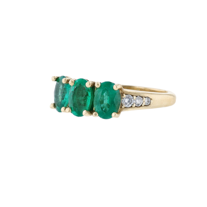 14K Yellow Gold Triple Emerald Diamond Ring