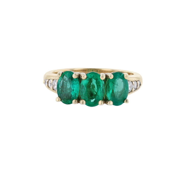 14K Yellow Gold Triple Emerald Diamond Ring