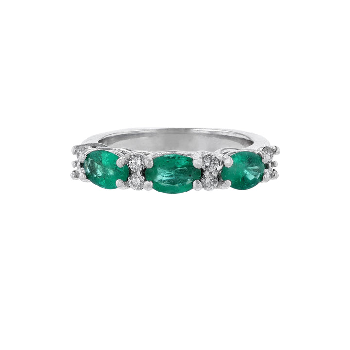 18K White Gold Triple Emerald Diamond Ring