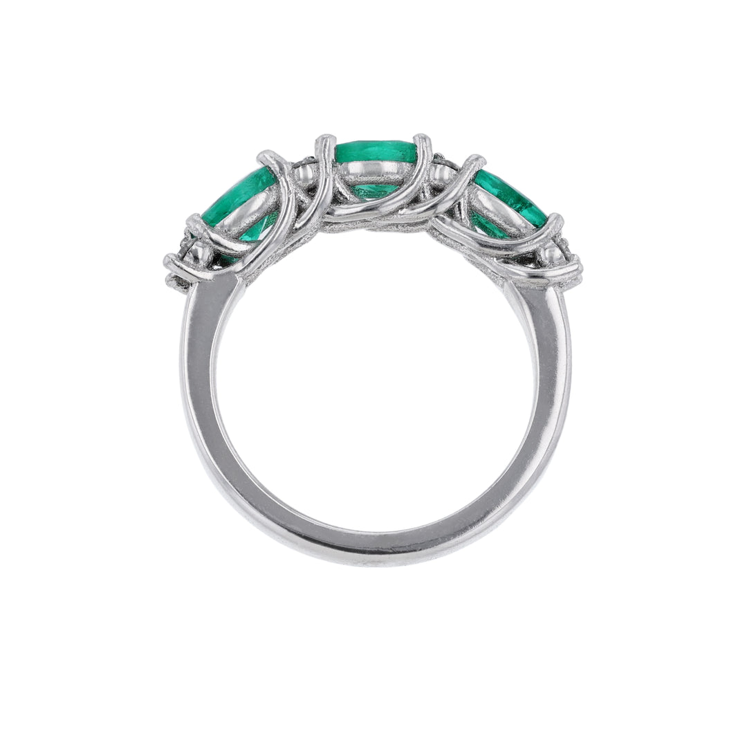 18K White Gold Triple Emerald Diamond Ring