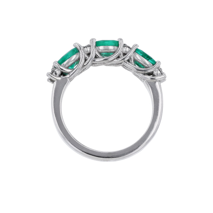 18K White Gold Triple Emerald Diamond Ring