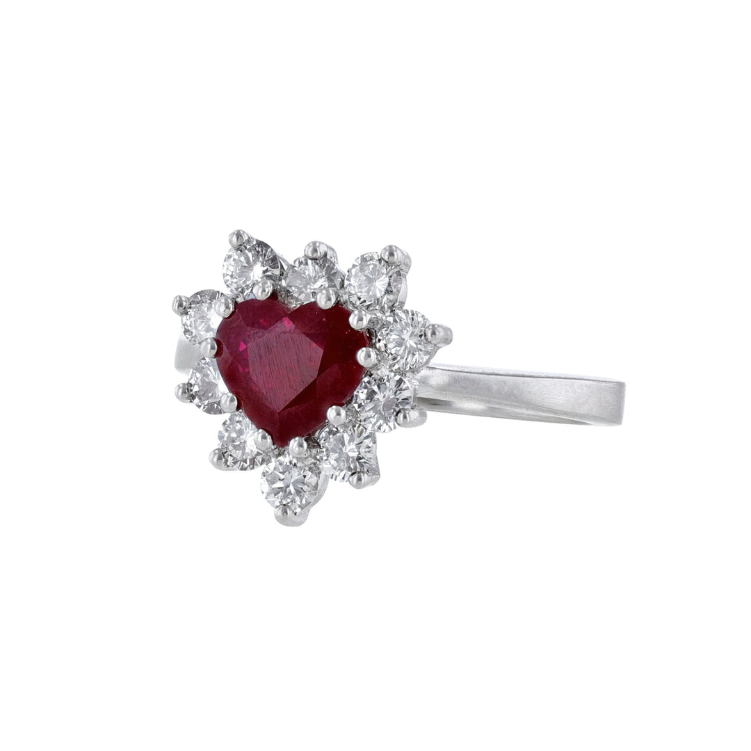 Burma Ruby Diamond Halo Heart Ring