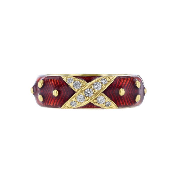 18K Yellow Gold Diamond X Red Enamel Ring