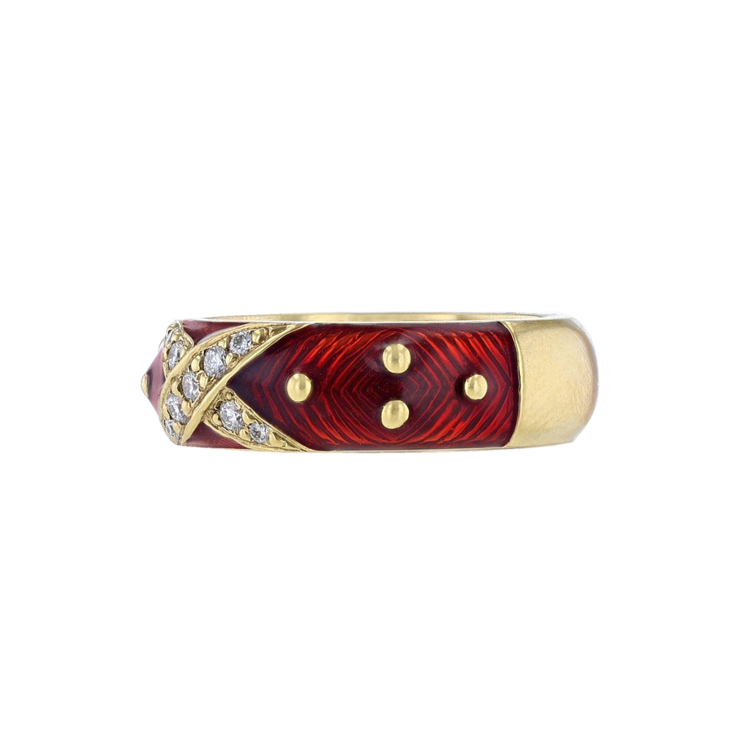 18K Yellow Gold Diamond X Red Enamel Ring