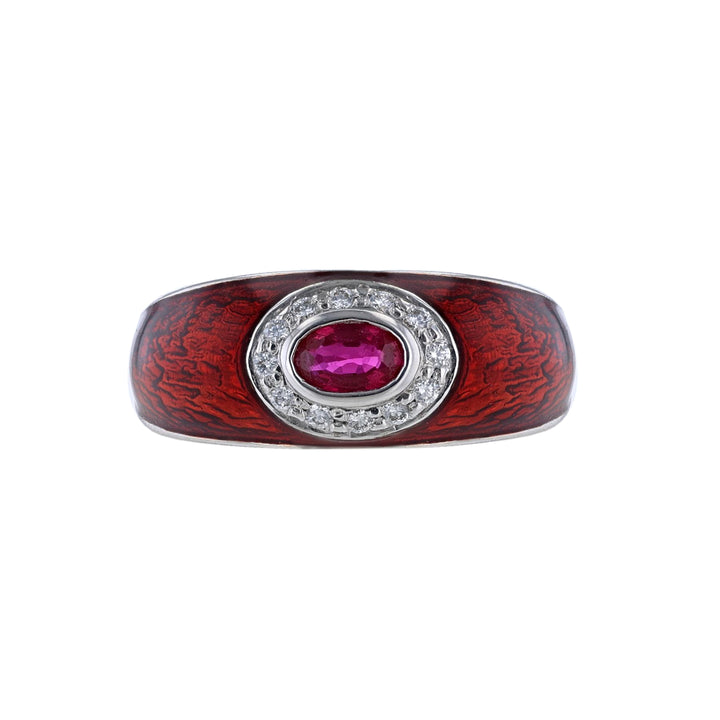 Oval Ruby Diamond Halo Red Enamel Ring