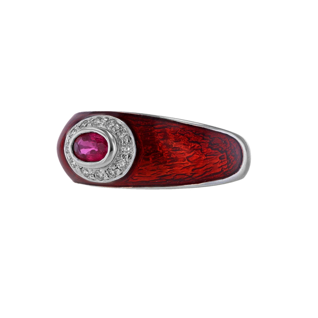 Oval Ruby Diamond Halo Red Enamel Ring