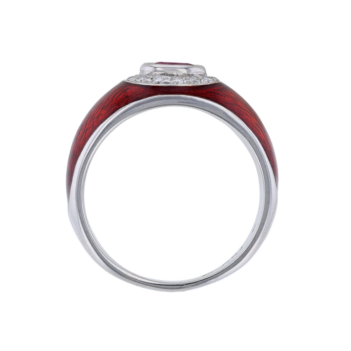 Oval Ruby Diamond Halo Red Enamel Ring