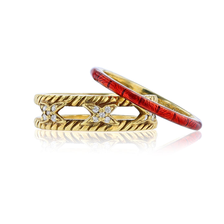 18K Yellow Gold Diamond Ring Set, Red Enamel