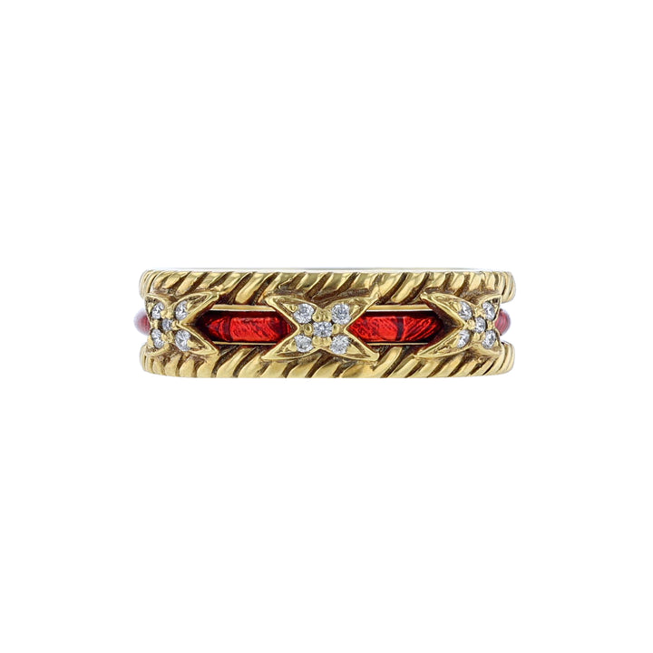 18K Yellow Gold Diamond Ring Set, Red Enamel