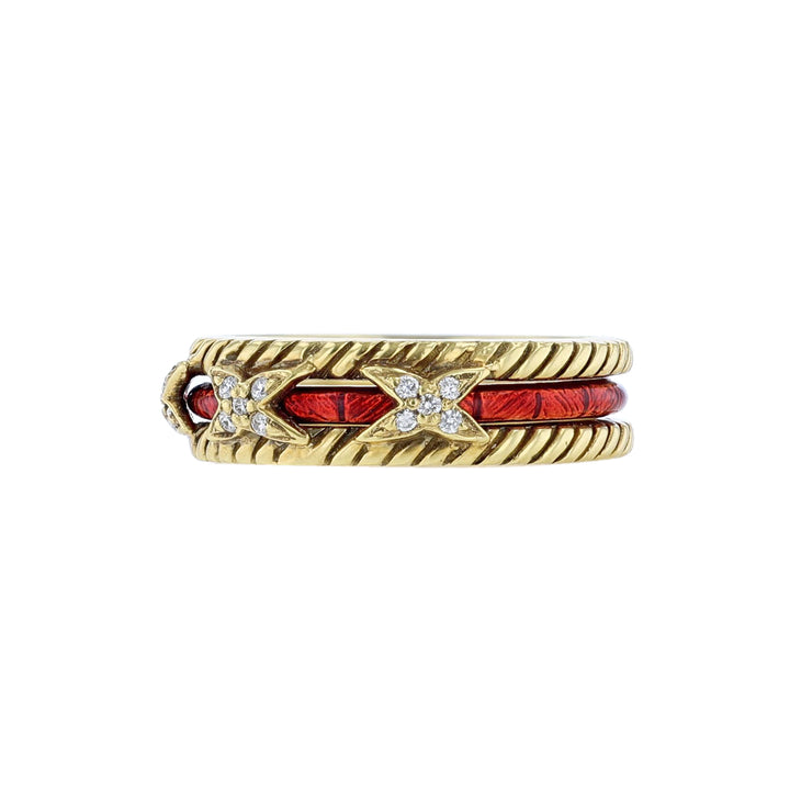 18K Yellow Gold Diamond Ring Set, Red Enamel