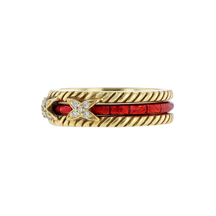 18K Yellow Gold Diamond Ring Set, Red Enamel