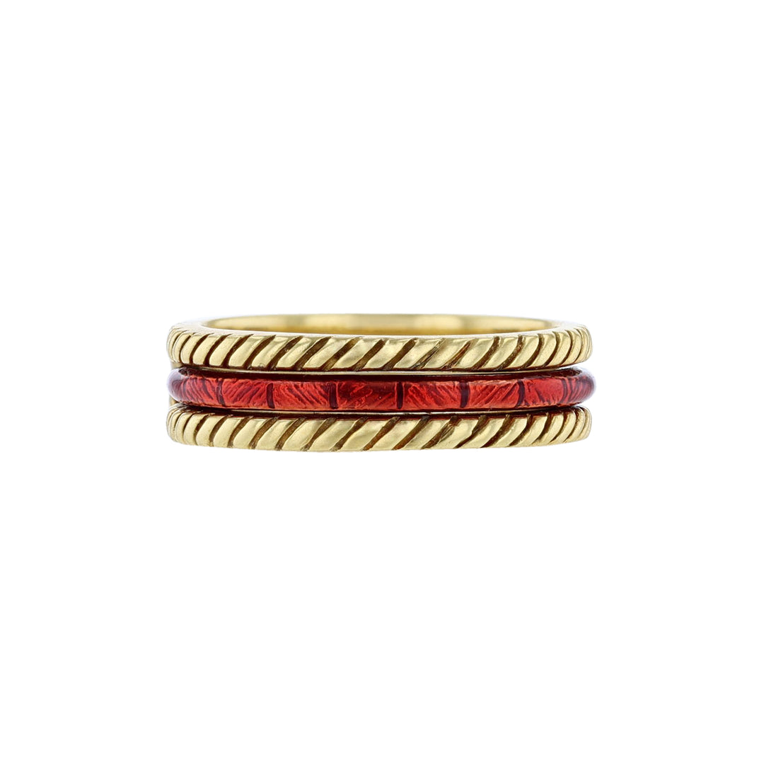 18K Yellow Gold Diamond Ring Set, Red Enamel