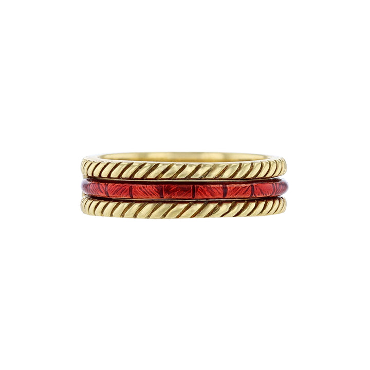 18K Yellow Gold Diamond Ring Set, Red Enamel