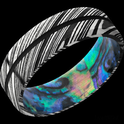 7 mm wide/Beveled/Woodgrain band with one 1 mm Centered inlay of Black also featuring a Abalone sleeve.