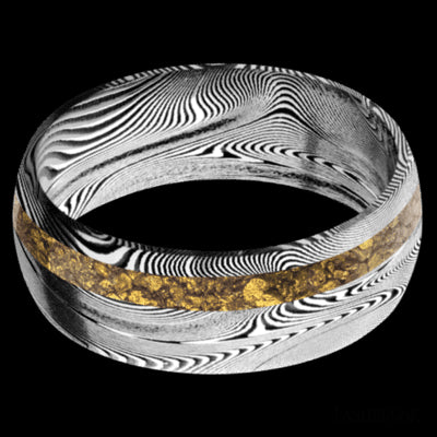 8 mm wide/Domed/Tightweave band with one 2 mm Off Center inlay of Alaskan Gold Nugget.