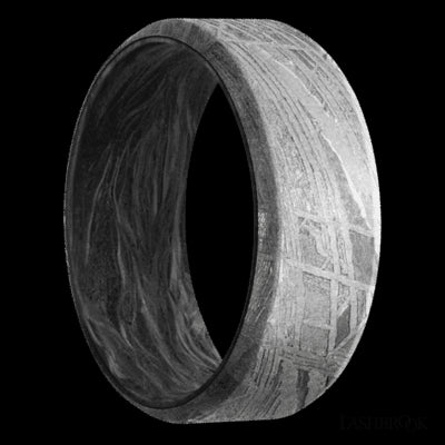 8 mm wide Beveled Meteorite band featuring a Forged Carbon Fiber sleeve.