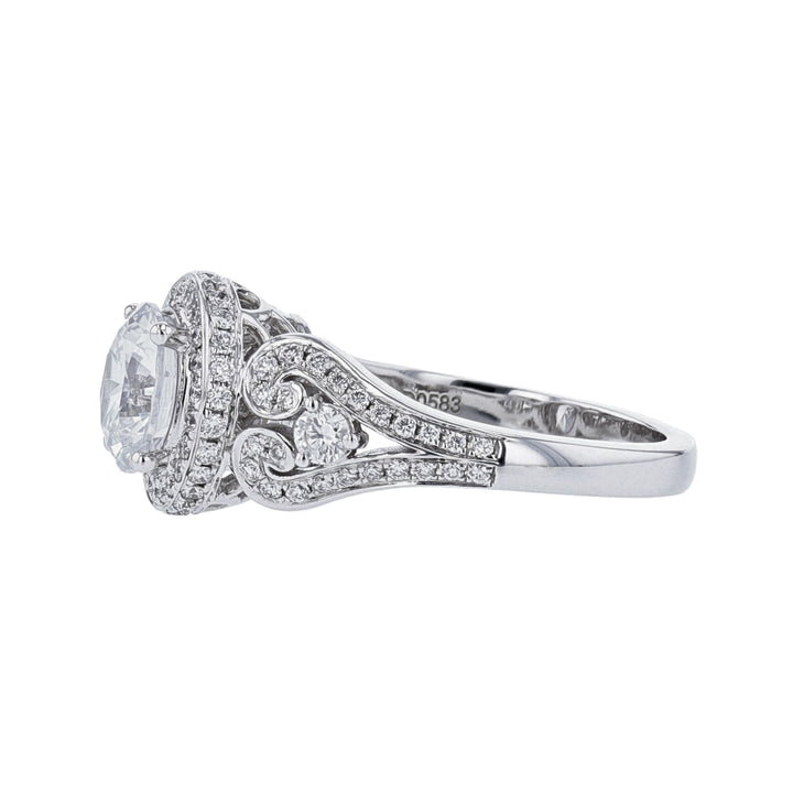Round Halo Diamond Scroll Engagement Ring