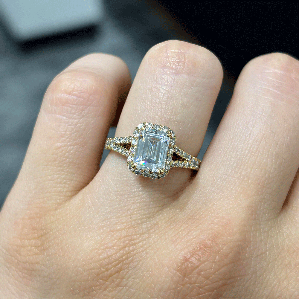 2.60CT.TW EMERALD CUT LAB DIAMOND SPLIT SHANK HALO ENGAGEMENT RING - Nazarelle