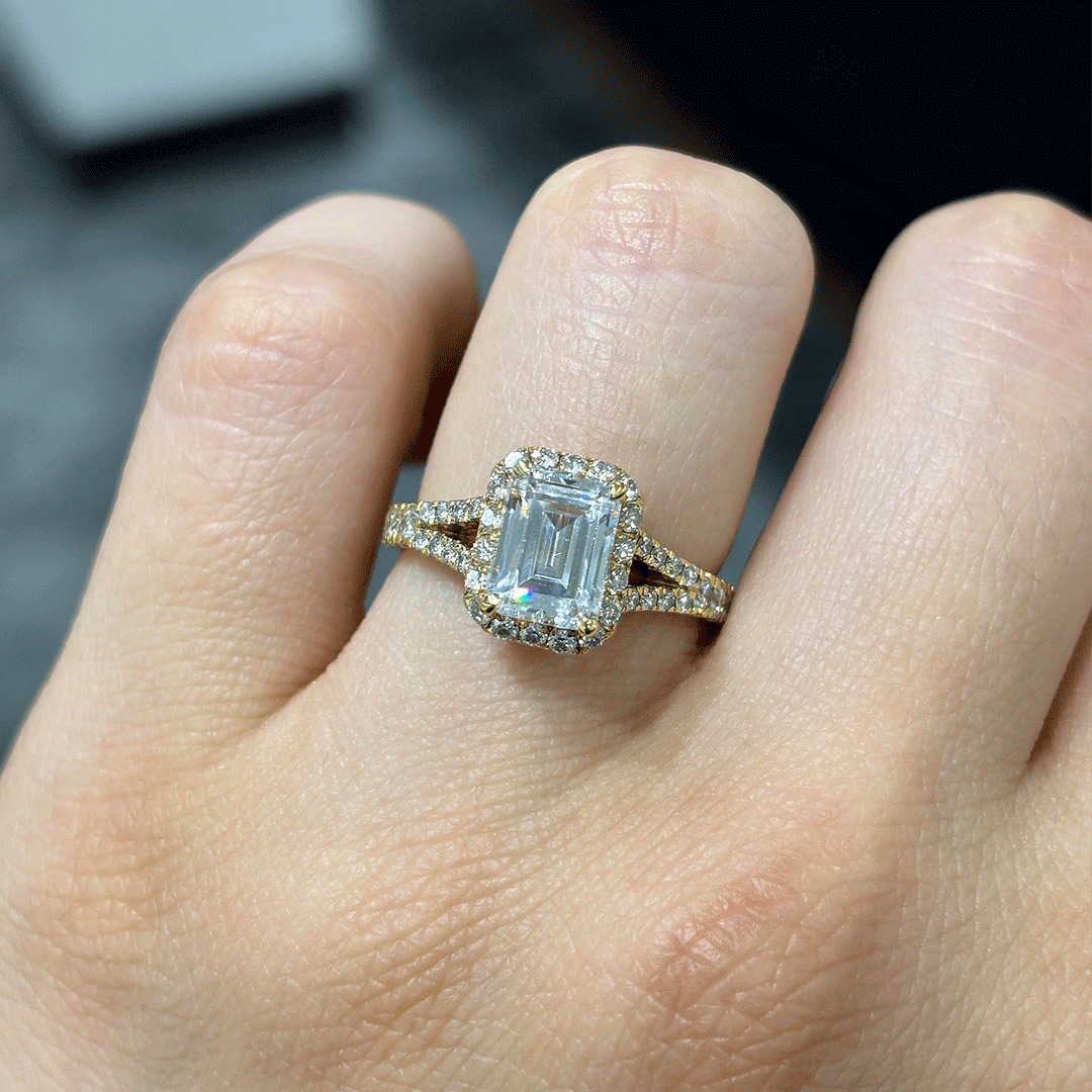 2.60CT.TW EMERALD CUT LAB DIAMOND SPLIT SHANK HALO ENGAGEMENT RING - Nazarelle