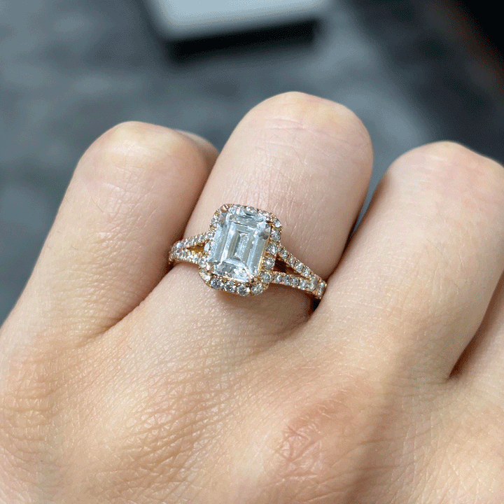 2.60CT.TW EMERALD CUT LAB DIAMOND SPLIT SHANK HALO ENGAGEMENT RING - Nazarelle