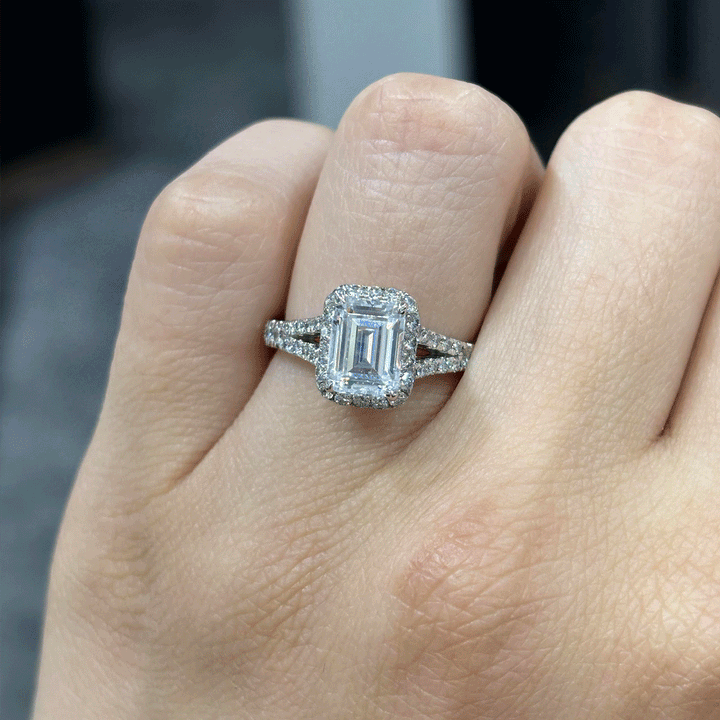 2.60CT.TW EMERALD CUT LAB DIAMOND SPLIT SHANK HALO ENGAGEMENT RING - Nazarelle