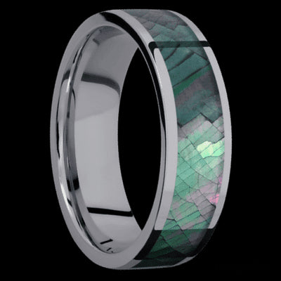 7 mm wide/Flat/Tantalum band with one 5 mm Centered inlay of Black Mother of Pearl.