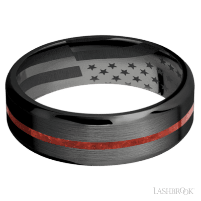 7 mm wide/Beveled/Zirconium band with one 1 mm Centered inlay of Coral.