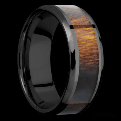 8 mm wide/Beveled/Zirconium band with one 5 mm Centered inlay of Desert Iron Wood.