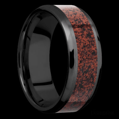 8 mm wide/Beveled/Zirconium band with one 5 mm Centered inlay of Dinosaur Bone Red.