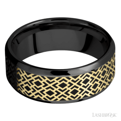 8 mm wide/Beveled/Zirconium band with one 6 mm Centered inlay of 14K Yellow Gold with a laser carved Trellis 2 pattern.