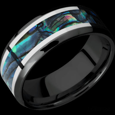 8 mm wide/Beveled/Zirconium band featuring inlays of Palladium Silver and Abalone.