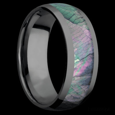 8 mm wide/Domed/Zirconium band with one 5 mm Centered inlay of Black Mother of Pearl.
