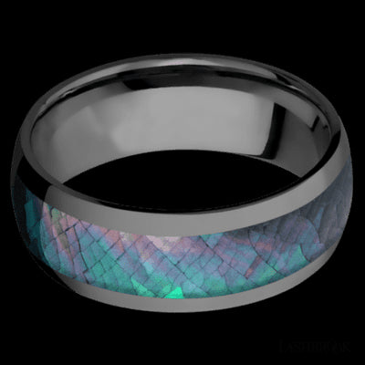 8 mm wide/Domed/Zirconium band with one 5 mm Centered inlay of Black Mother of Pearl.