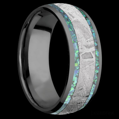 8 mm wide/Domed/Zirconium band featuring inlays of Teal Opal and Meteorite.