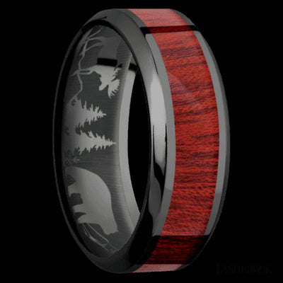 8 mm wide/High Bevel/Zirconium band with one 4 mm Centered inlay of Blood Wood.