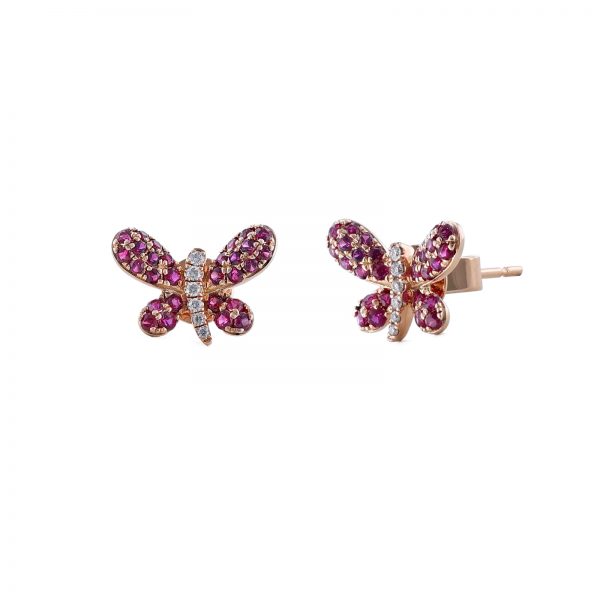 Rose Gold Butterfly Ruby Diamond Stud Earrings
