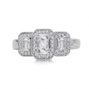 Three Stone Emerald Cut Halo Diamond Ring
